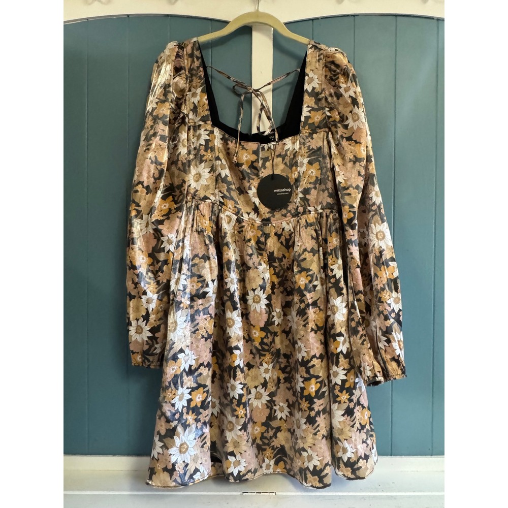 Mittoshop Metallic Floral Babydoll Mini Dress Gold Brown Square Neck Long Sleeve